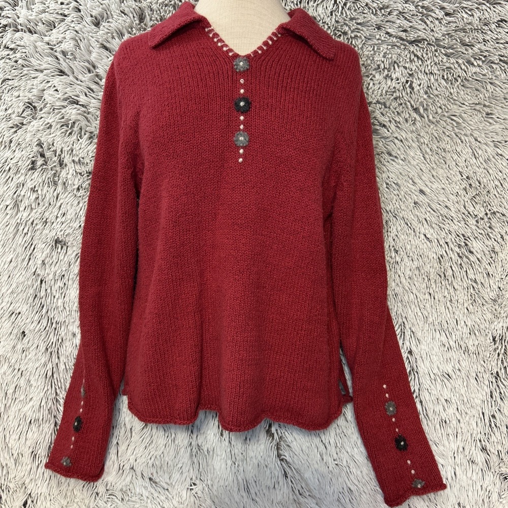Woolrich Ruby Pullover Sweater Red Cotton Wool Size Medium Knit Collared Vtg 90s